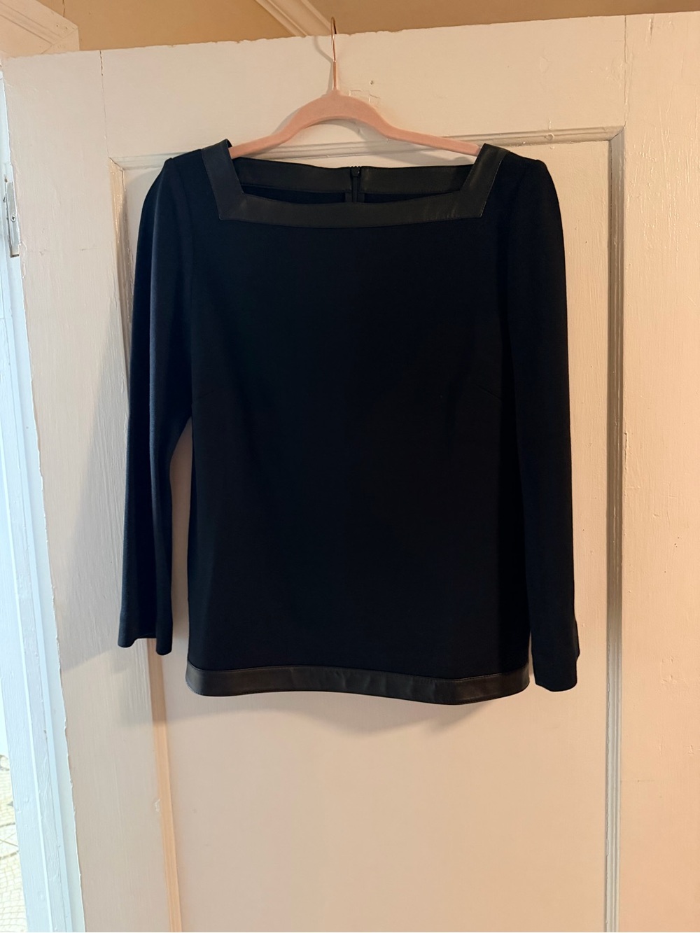 St. John Black Wool Knit Top with Leather Trim | Size 8